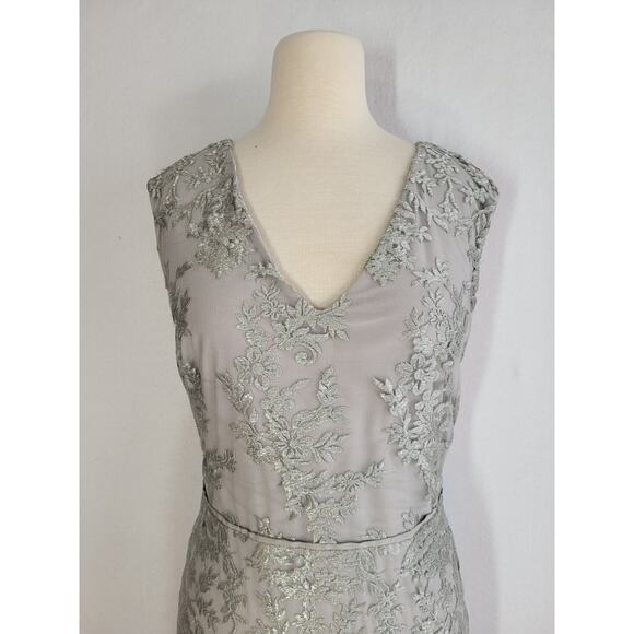 Lauren Ralph Lauren Evening Gown 12 Silver Gray Embroidered Mesh V-Neck Y2K NWT - Picture 4 of 16